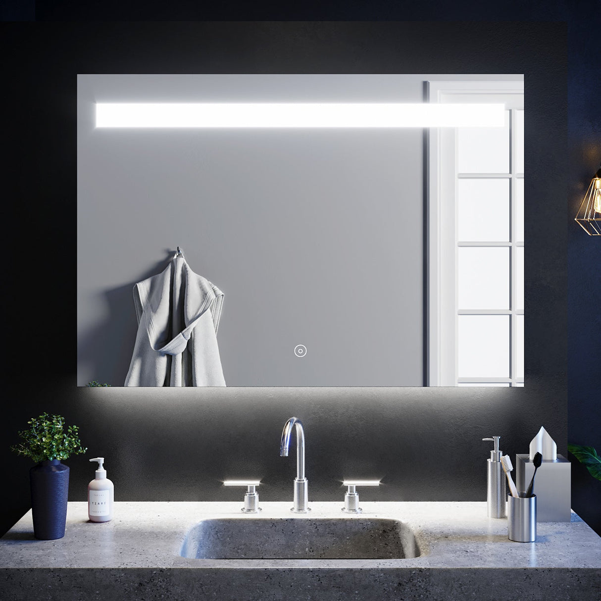 SIRHONA 100x70cm LED Miroir Salle de Bains avec éclairage Cosmétiques Mural Lumière Illumination avec Commande par Effleurement Anti-buée