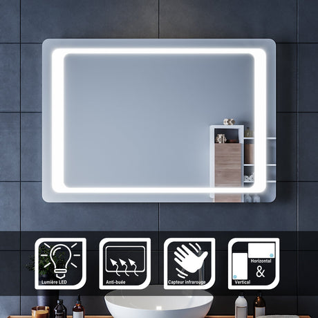 SIRHONA Miroir LED Salle de Bains avec éclairage LED Miroir Muraux AVCE Anti-buée Fonction Cosmétiques Mural Lumière Illumination