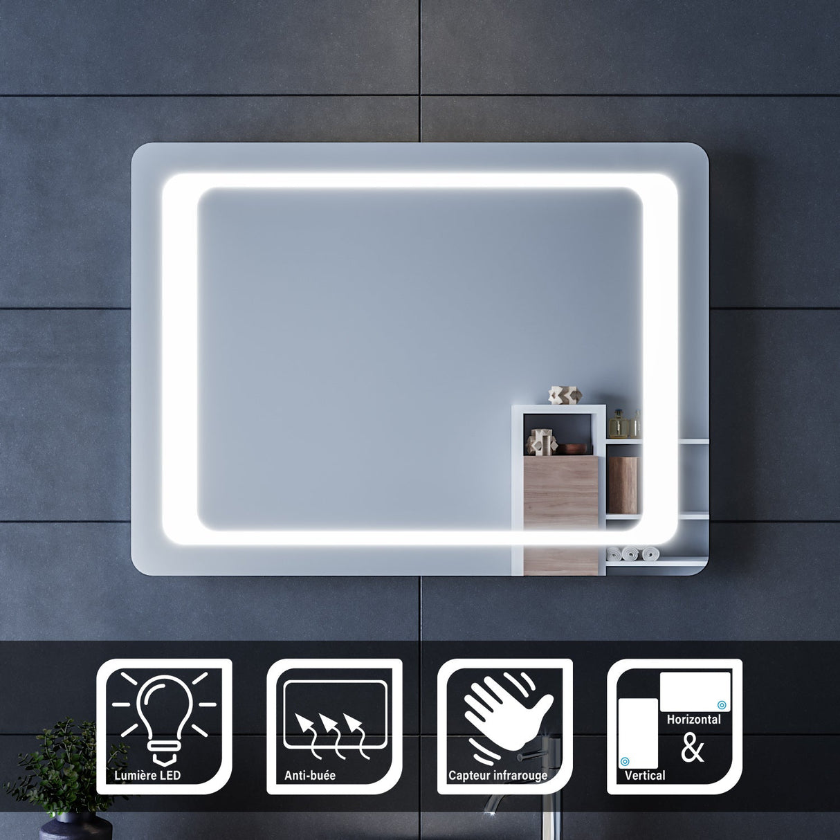SIRHONA Miroir LED Salle de Bains avec éclairage LED Miroir Muraux AVCE Anti-buée Fonction Cosmétiques Mural Lumière Illumination
