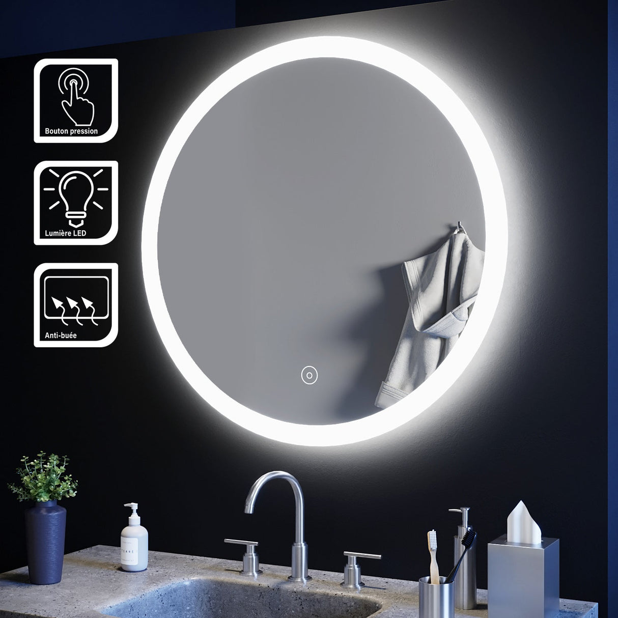 SIRHONA 80cm Miroir de Salle de Bain à LED Rond Anti-buée avec éclairage intégré Blanc Froid Miroir Rond Mural