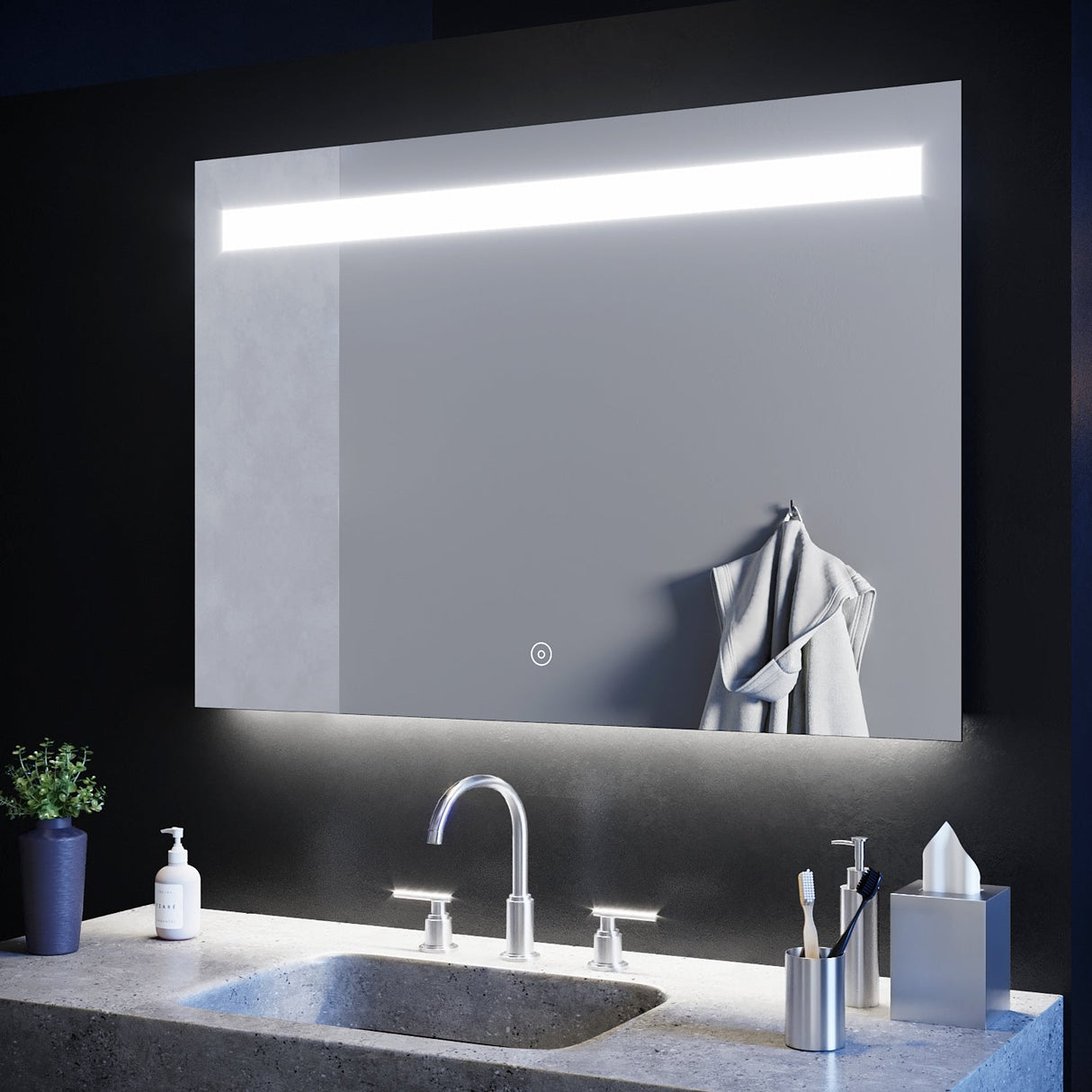 SIRHONA 100x70cm LED Miroir Salle de Bains avec éclairage Cosmétiques Mural Lumière Illumination avec Commande par Effleurement Anti-buée