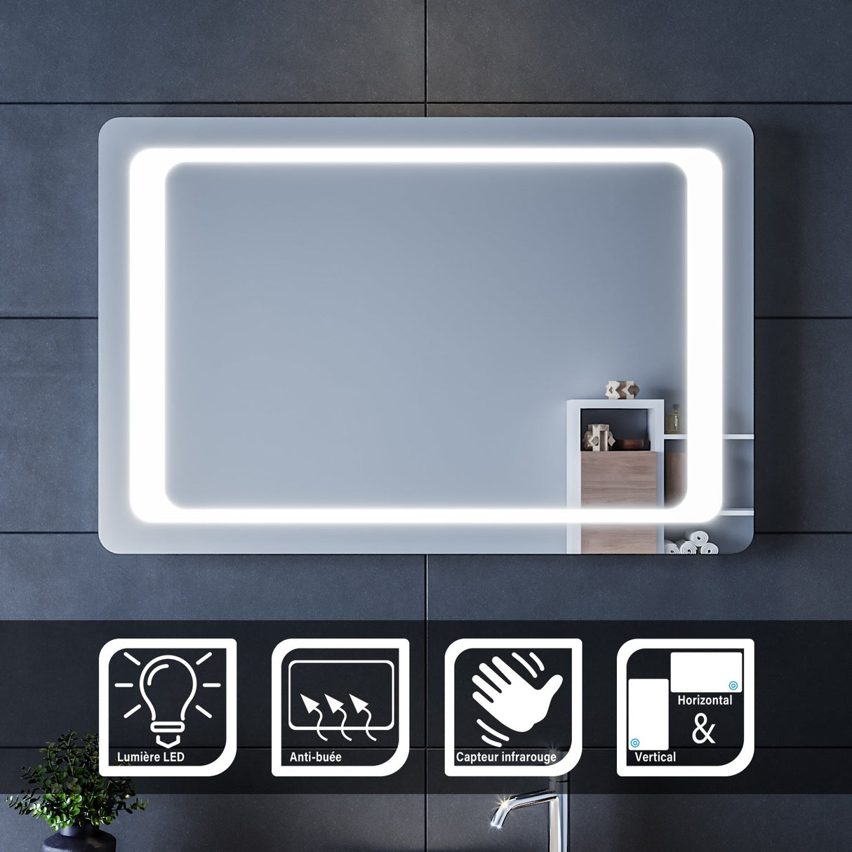 SIRHONA Miroir LED Salle de Bains avec éclairage LED Miroir Muraux AVCE Anti-buée Fonction Cosmétiques Mural Lumière Illumination