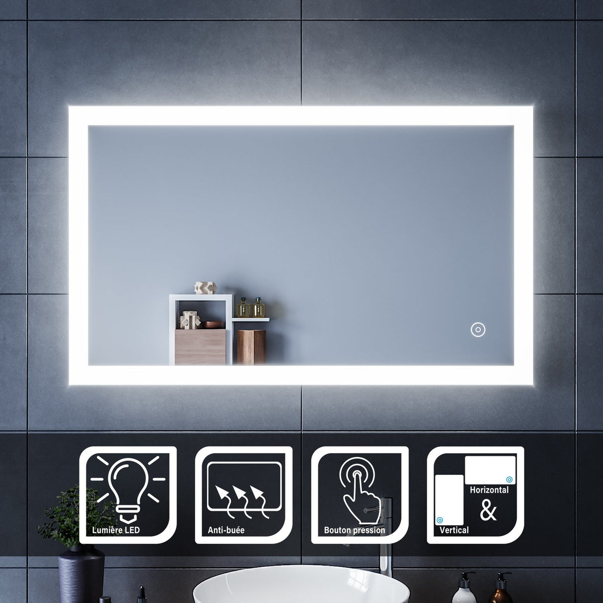 SIRHONA Miroir LED Salle de Bains avec éclairage LED Miroir Muraux AVCE Anti-buée Fonction Cosmétiques Mural Lumière Illumination