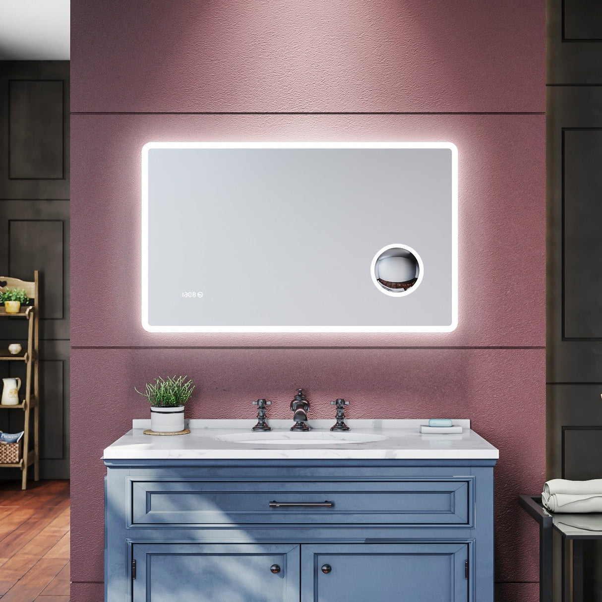 SIRHONA Miroir de salle de bains Anti-buée avec éclairage led  Avec prise rasoir Miroir grossissant 3X 1000 x 600 x 40mm