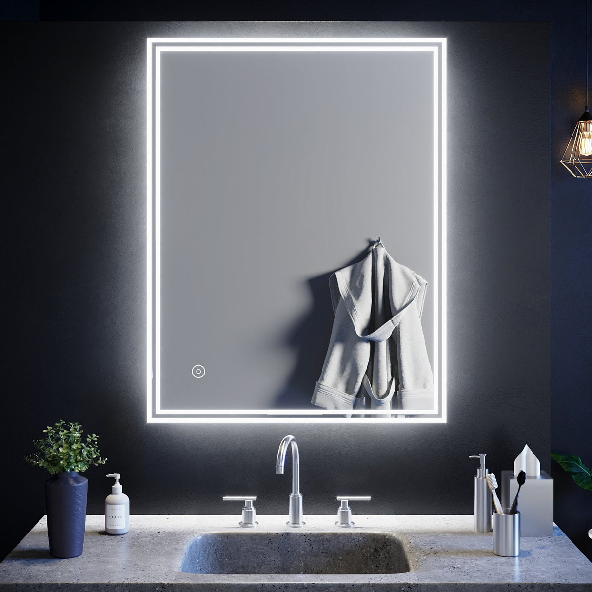 SIRHONA Miroir led Miroir de salle de bains avec éclairage LED Miroir Cosmétiques Mural Lumière Illumination avec Commande par Effleurement 90x70 CM