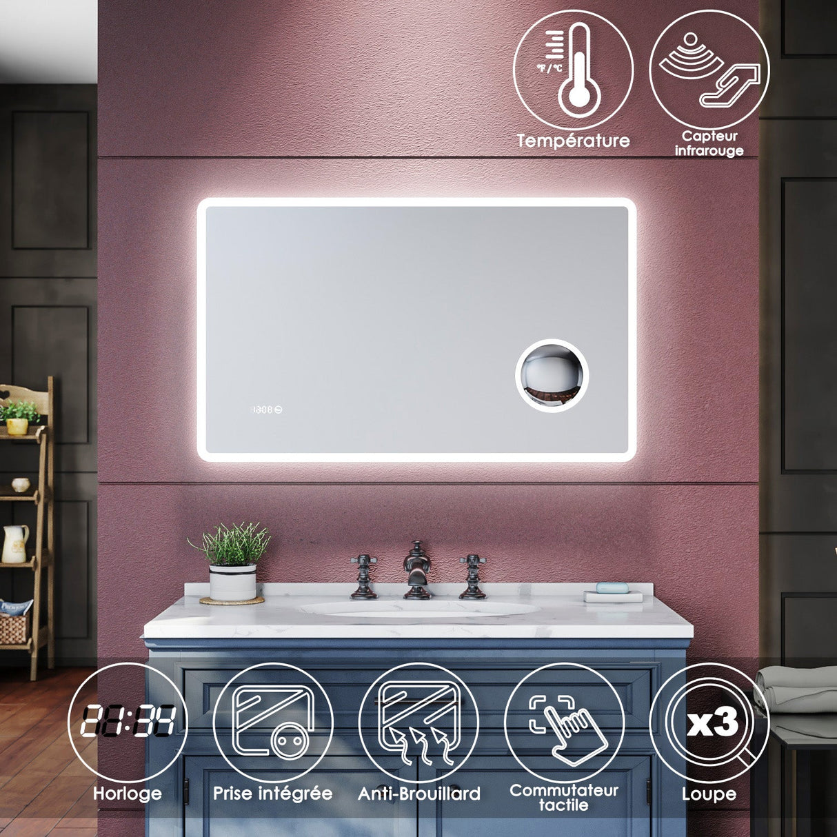 SIRHONA Miroir de salle de bains Anti-buée avec éclairage led  Avec prise rasoir Miroir grossissant 3X 1000 x 600 x 40mm