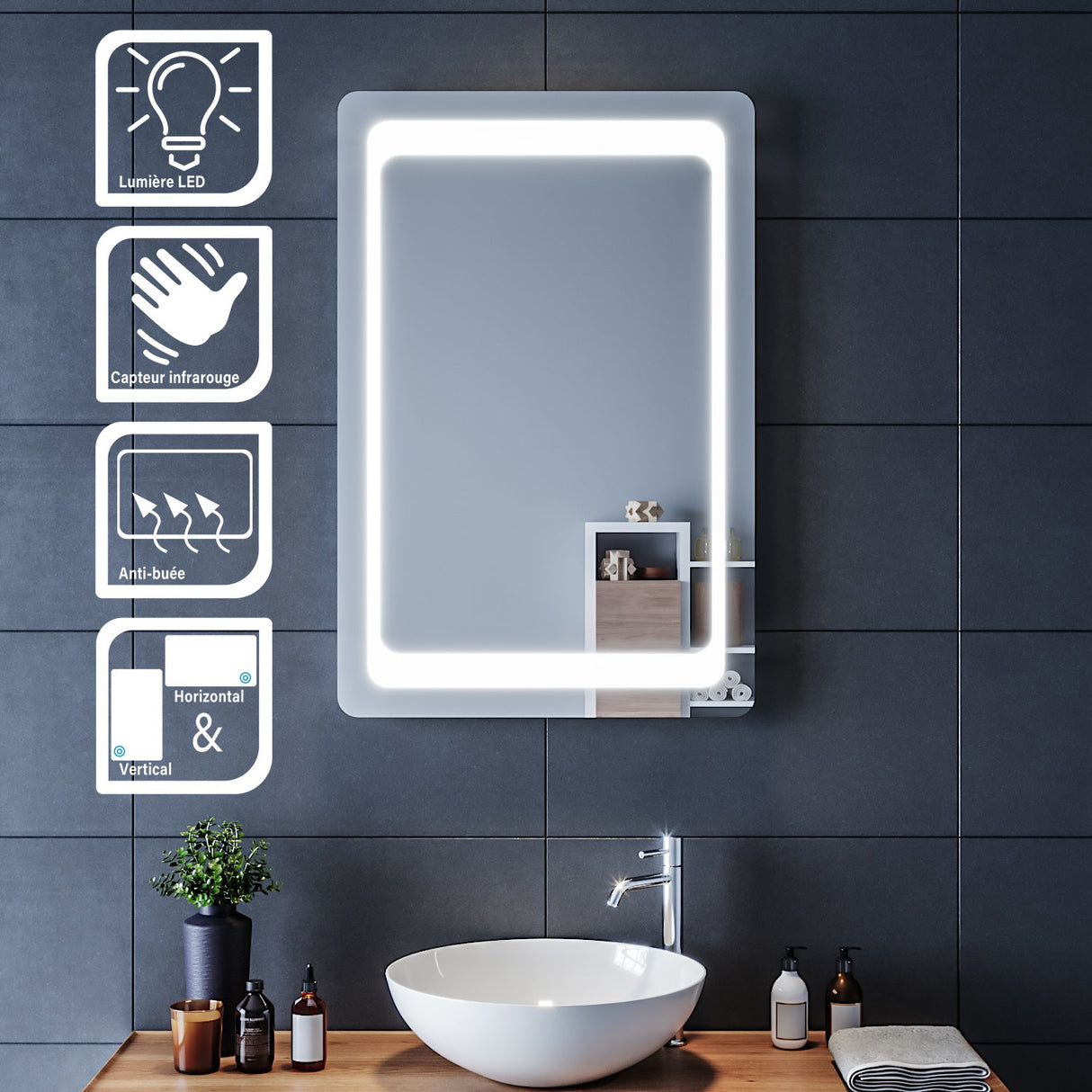 SIRHONA Miroir LED Salle de Bains avec éclairage LED Miroir Muraux AVCE Anti-buée Fonction Cosmétiques Mural Lumière Illumination