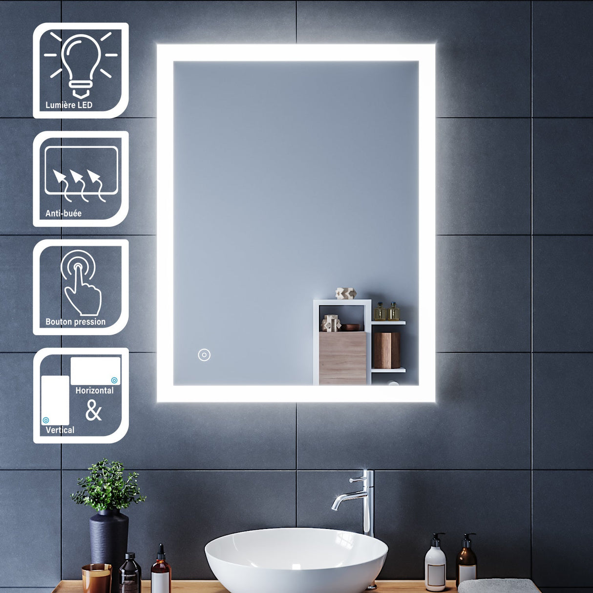 SIRHONA Miroir LED Salle de Bains avec éclairage LED Miroir Muraux AVCE Anti-buée Fonction Cosmétiques Mural Lumière Illumination