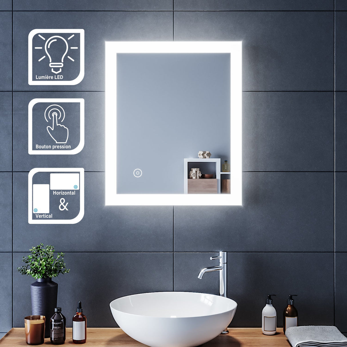 SIRHONA Miroir LED Salle de Bains avec éclairage LED Miroir Muraux AVCE Anti-buée Fonction Cosmétiques Mural Lumière Illumination