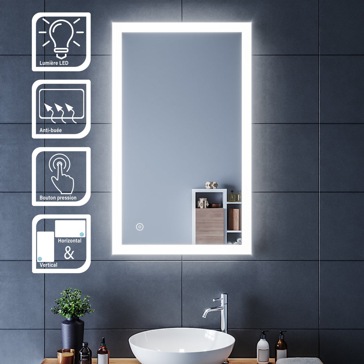 SIRHONA Miroir LED Salle de Bains avec éclairage LED Miroir Muraux AVCE Anti-buée Fonction Cosmétiques Mural Lumière Illumination