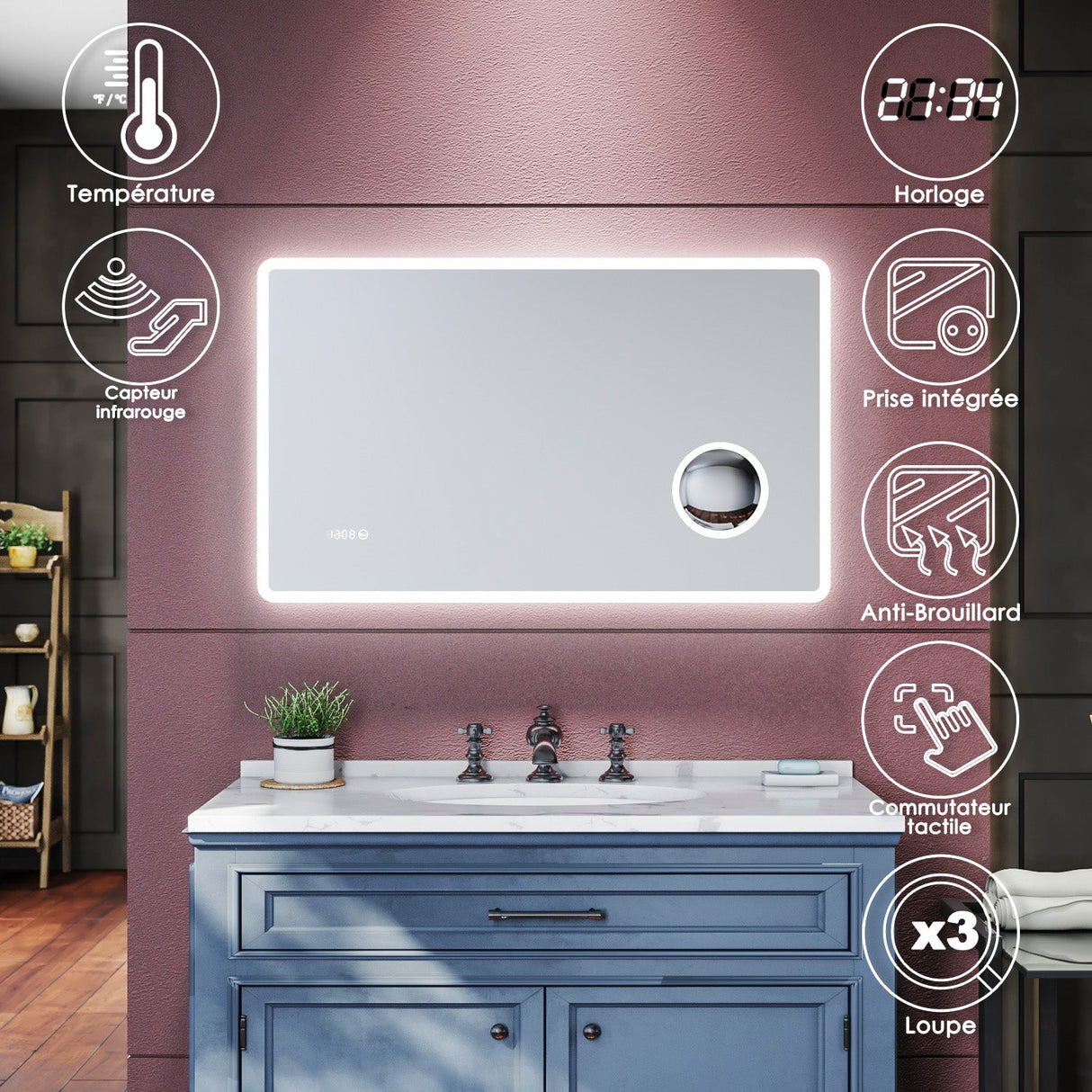 SIRHONA Miroir de salle de bains Anti-buée avec éclairage led  Avec prise rasoir Miroir grossissant 3X 1000 x 600 x 40mm