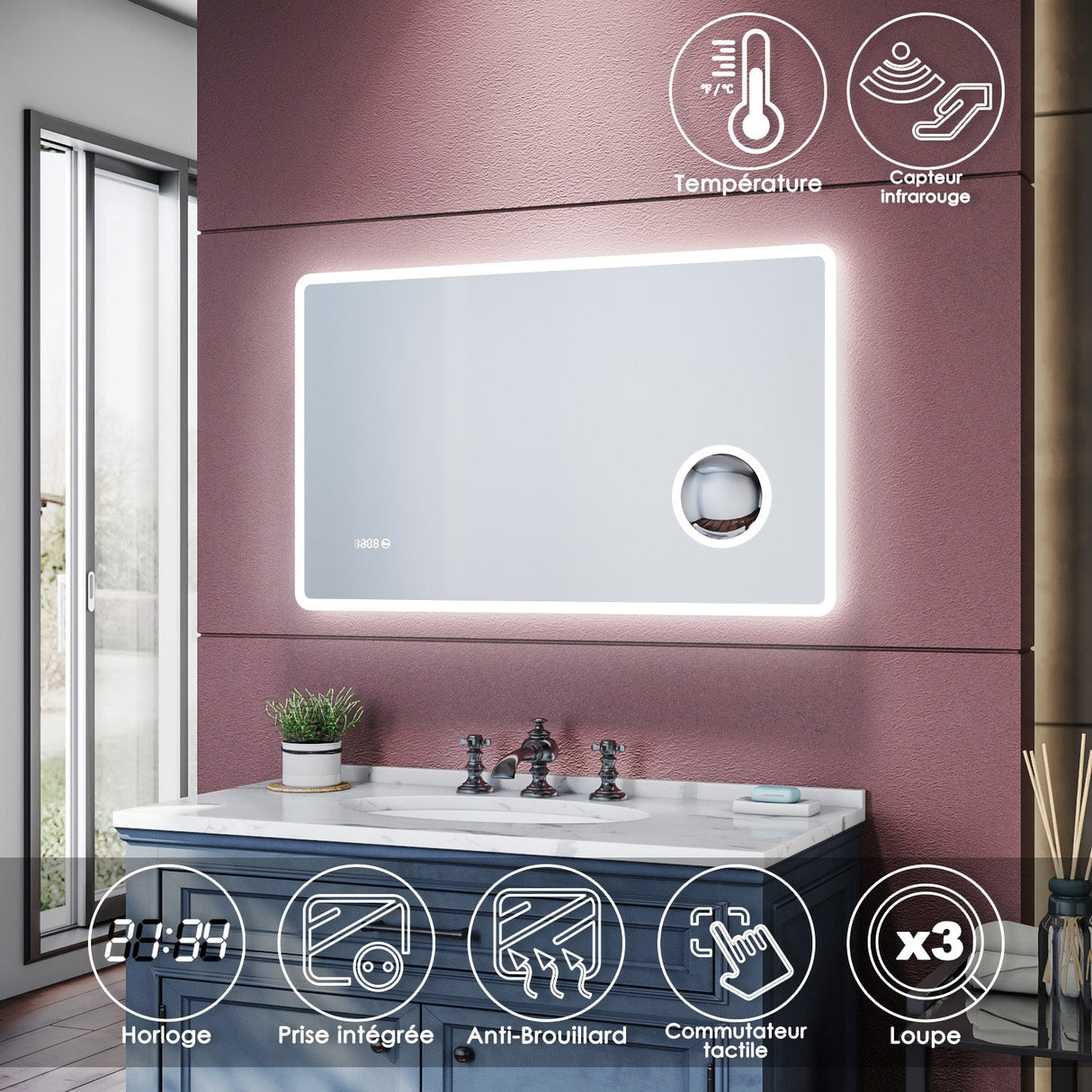 SIRHONA Miroir de salle de bains Anti-buée avec éclairage led  Avec prise rasoir Miroir grossissant 3X 1000 x 600 x 40mm